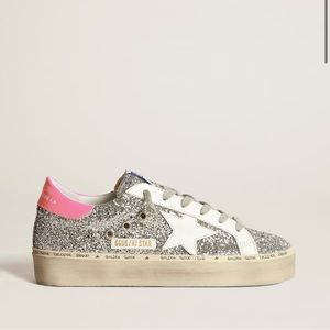 Golden Goose High Star Sneakers silver glitter with hot pink heel tab